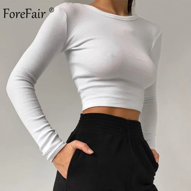 Forefair Long Sleeve Ribbed T Shirt Women Autumn Ladies Underwear Solid Slim O Neck Knitted Women Sexy Crop Tops 1