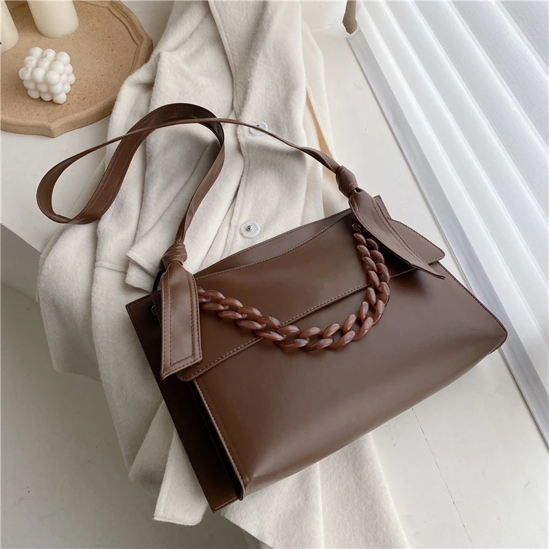 

Burminsa Vintage Soft Shoulder Bags For Women Chain Design A4 Work Satchel Large Capacity PU Ladies Messenger Bags Winter 2020
