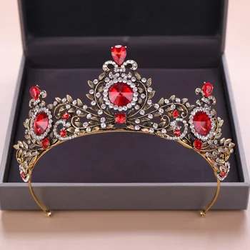 

Vintage Baroque Red Crystal Diadem Elegant Gold Wedding Tiaras And Crowns Queen Princess Bridal Women Hair Jewelry Accessories