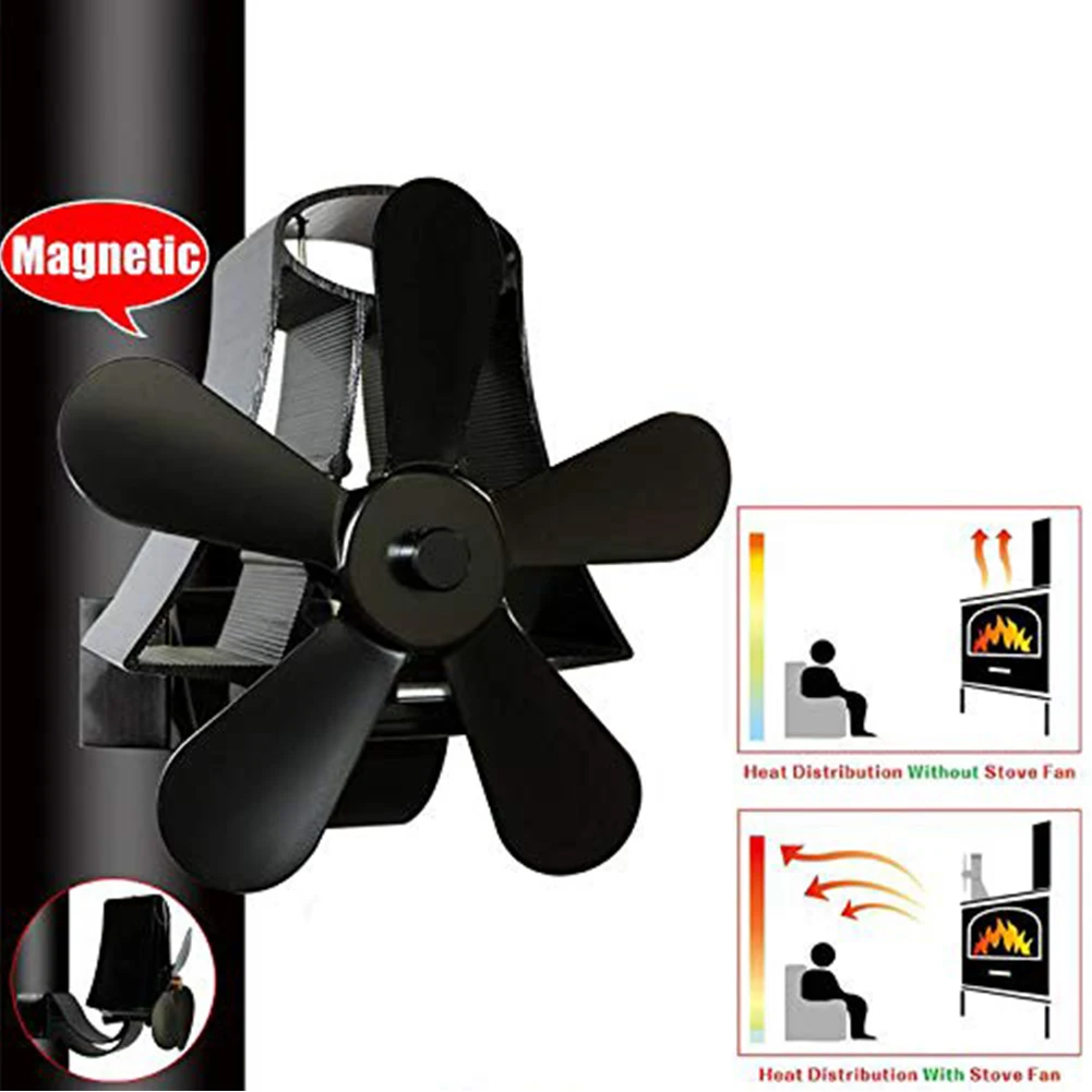 

Burner Home Eco Friendly Quiet Stove 5 Blade Wall Mount Black Portable Durable Heat Powered Aluminum Efficient Fireplace Fan