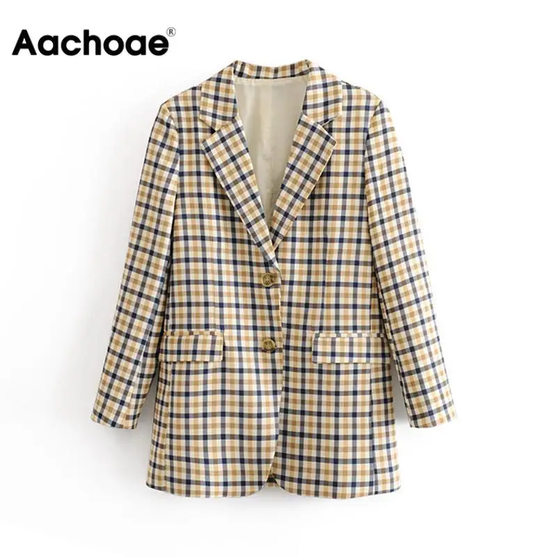 Fashion Plaid Women Blazers Long Sleeve Buttons Office Warm Coat Ladies Pockets Single Breasted Casual Jacket Female Chaqueta
