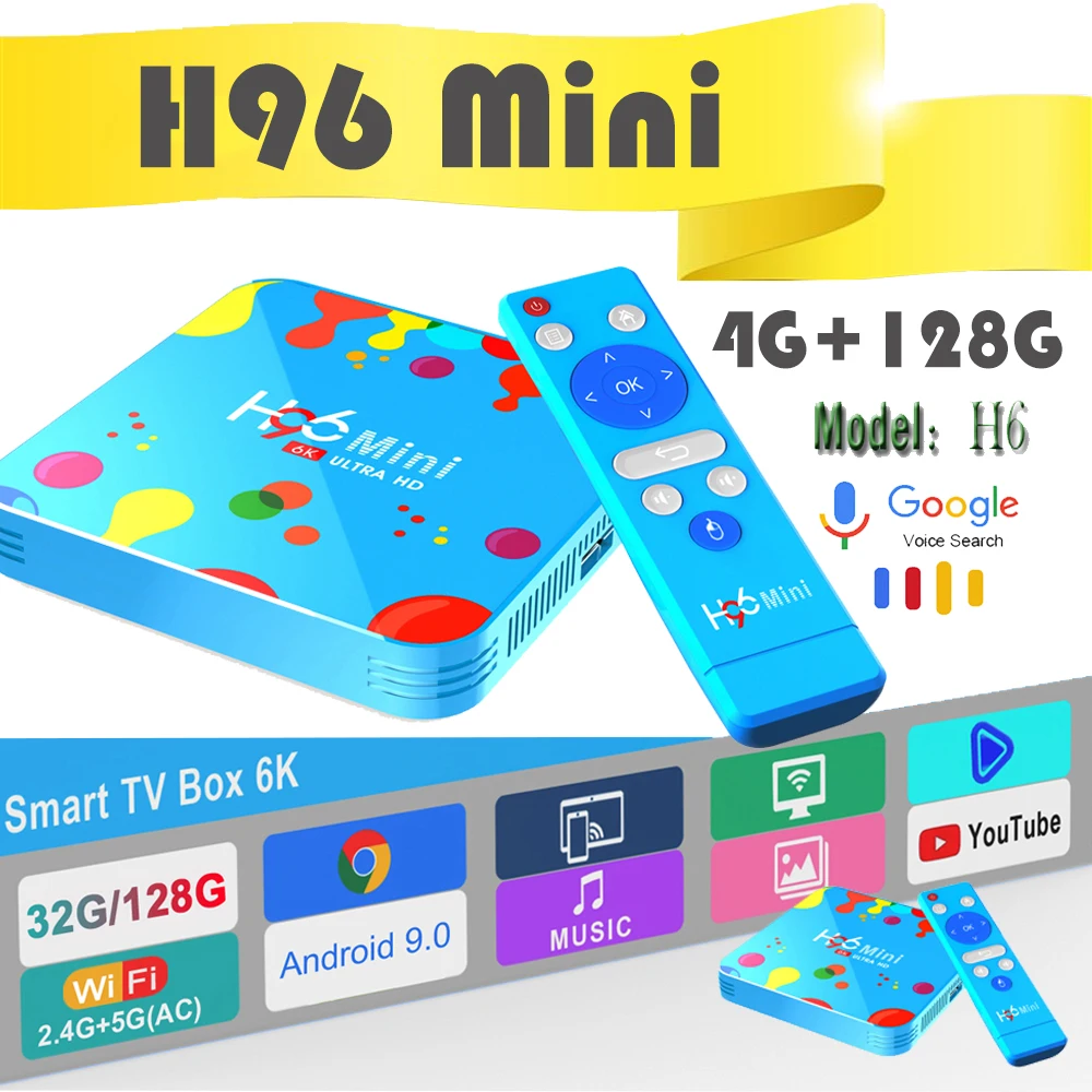 

Google smart tv box android H96 Mini youtube4K 4GB 128GB Media-Player Bluetooth Android 9.0 TV Box Allwinner H6 Quad Core 6K