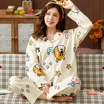 

Pajamas for Women Cotton Long Sleeve Long Pants Women Home Wear Suits Sweet Print Home Clothes Pijama Feminino Loose Sleepwear