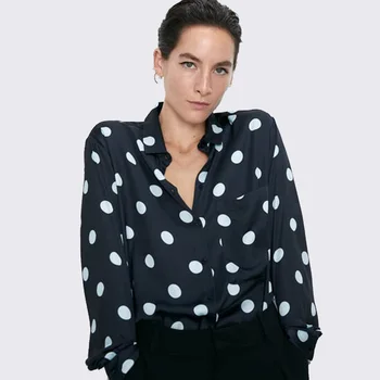 

ZA 2019 in Autumn New Black Dot Shirt European American Fashion Women Clothes Casual Slim Square Collar Shirt Vacation Wholesale
