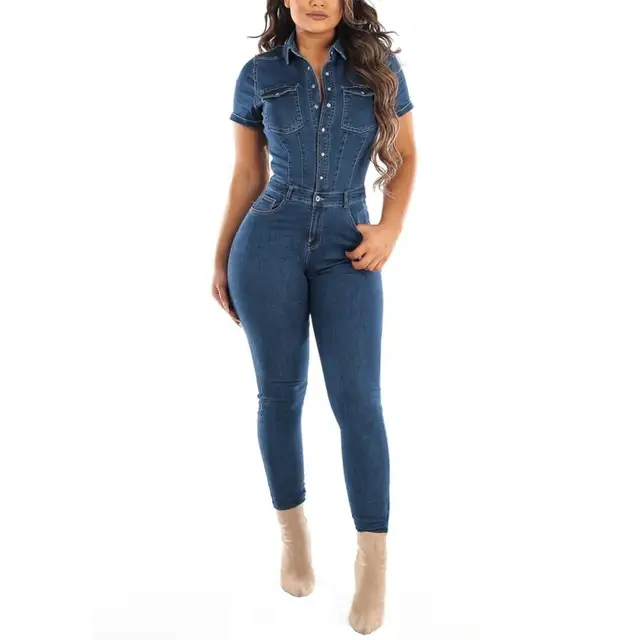 short sleeved denim jumpsuit