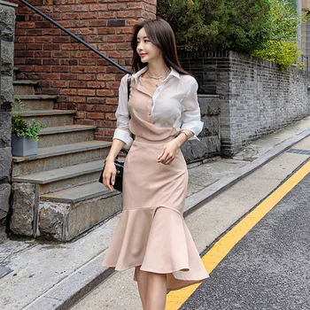 

2019 Fall Two Piece Set for Ladies Contrast Shirt and Sheath Trumpet Wrap Skirt Women OL Work Office Two Piece Set Plus Size