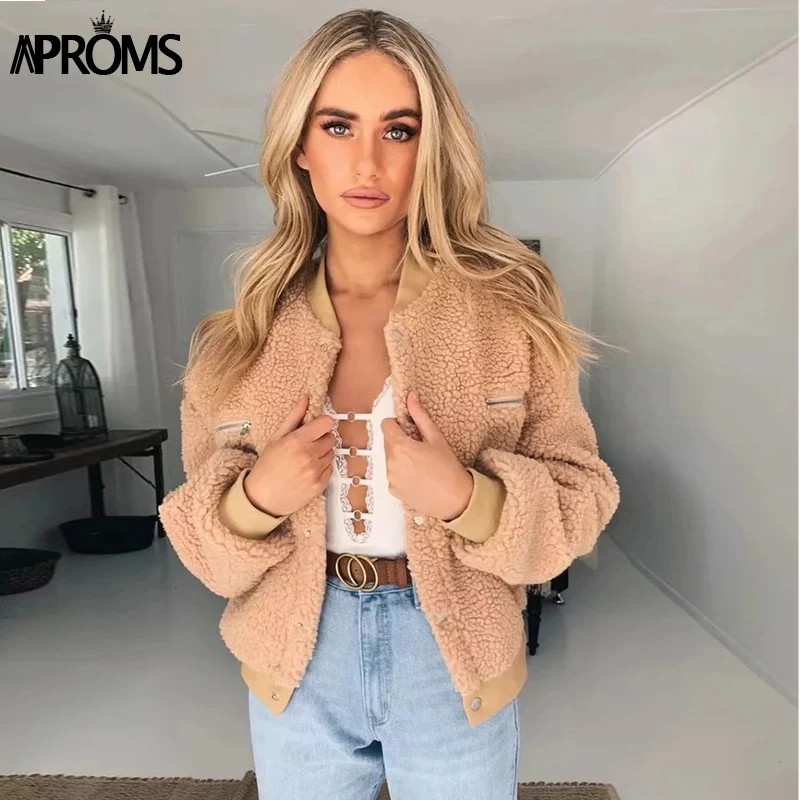

Aproms Elegant Solid Color Faux Fur Lambswo Basic Jacket Women Soft Teddy Warm Coat Winter Short Jackets Female 2019