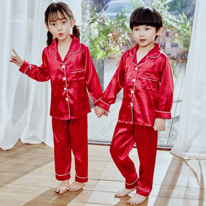 New Kids Boys Girls Pyjamas Sleepwear Silk Satin Pajamas Sets Nightwear Homewear 