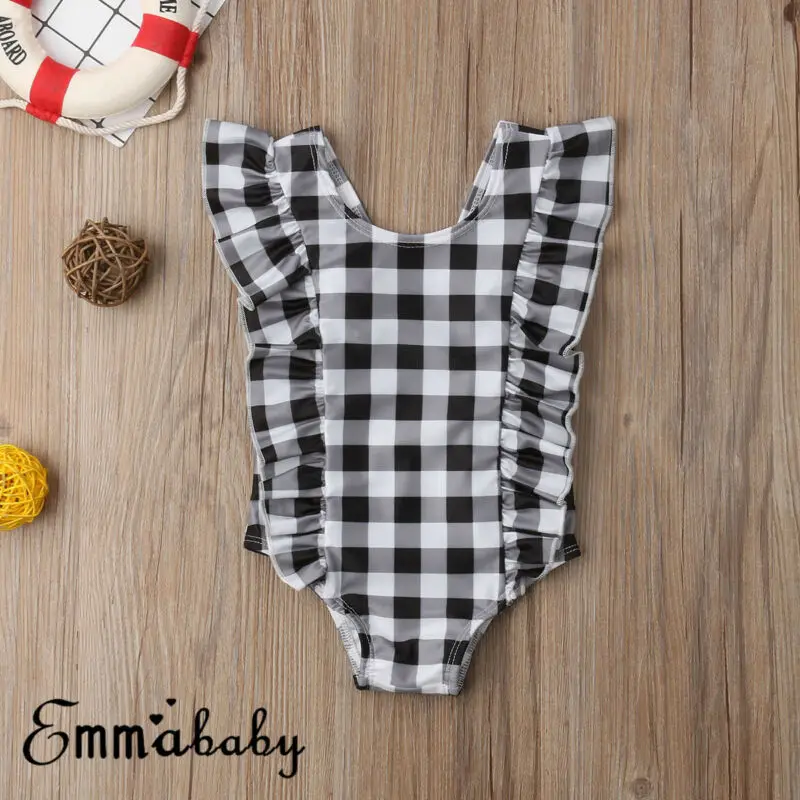 Новые модные детские ползунки в клеточку с оборками для девочек, купальный костюм, купальный костюм, одежда для малышей 0-24 месяцев