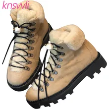 Новинка; замшевые кожаные зимние ботинки; женские зимние ботинки на меху со шнуровкой и жемчугом; женская обувь на толстой платформе; женская обувь; Zapatos De Mujer