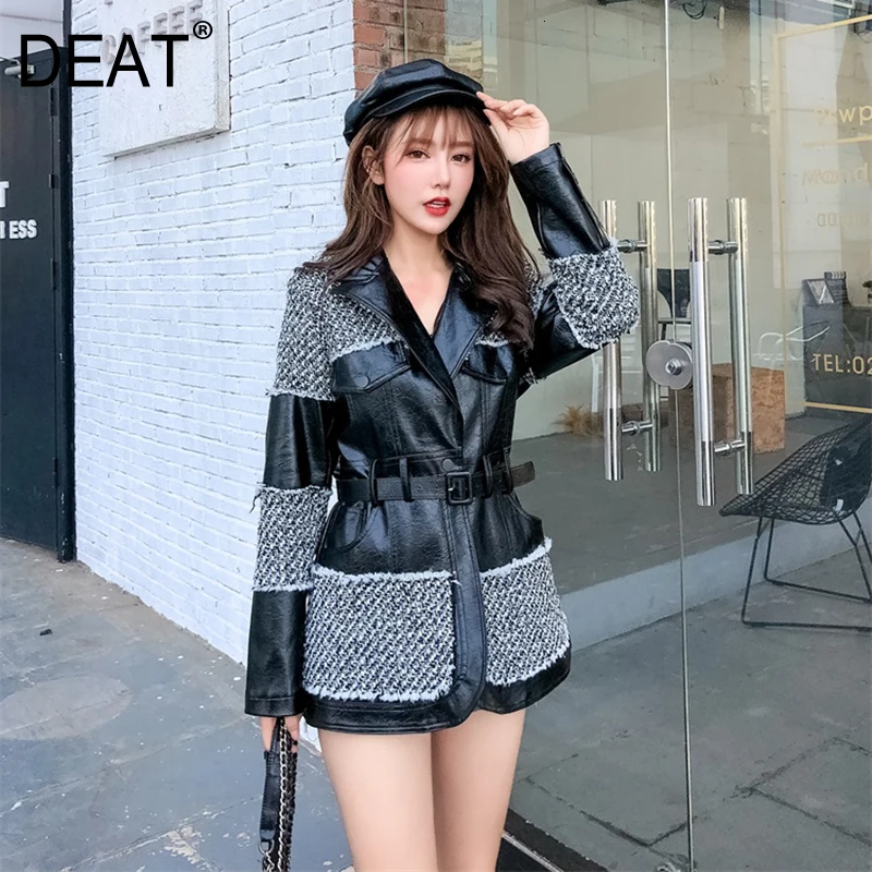 

[DEAT] Loose Fit Pu Leather Spliced Mixed Color Belt Jacket New Lapel Long Sleeve Women Coat Fashion Tide Spring 2020 13E876