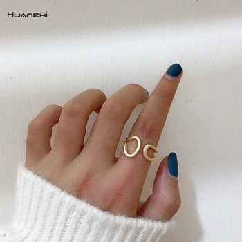 

HUANZHI 2020 New Double Layer Golden Distortion Hollow Out Fashion Simple Geometric Ring For Women Party Jewelry Gift