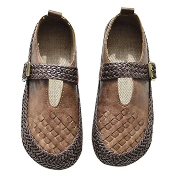 

mori literary retro Weaving round head flat single shoes original handmade big head shoes Japanese wild casual shoes womens shoe