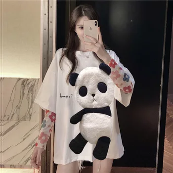

korean tshirt women clothes 2020 panda print plush patchwork t-shirt embroidery lady tops oversized o-neck cute tshirt