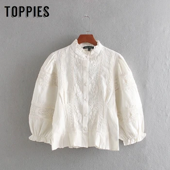 

2019 Autumn Cotton Linen Floral Embroidery Shirts Ruffles Lantern Sleeve Tops Hollow Out Button Crop Tops