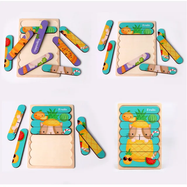 Kid Brain Wooden Toy Double-sided 3D Strip Animal Puzzle Telling Stories Stacking Jigsaw Montessori Educational Toy for Children 4