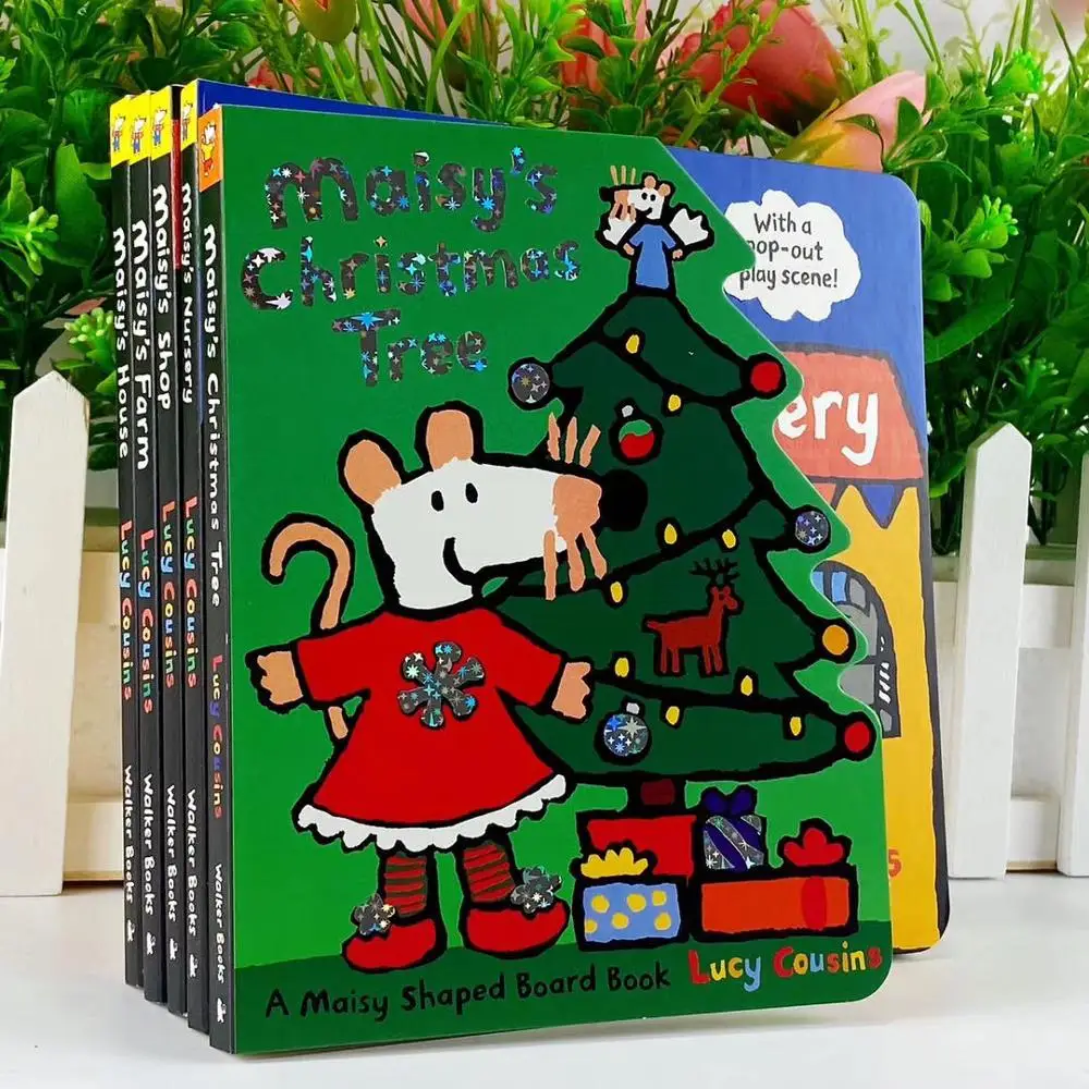 5 libros Maisy ratón 3D escena de inglés libro bebé niños IQ EQ práctica vivero/granja/casa/tienda de árbol de Navidad