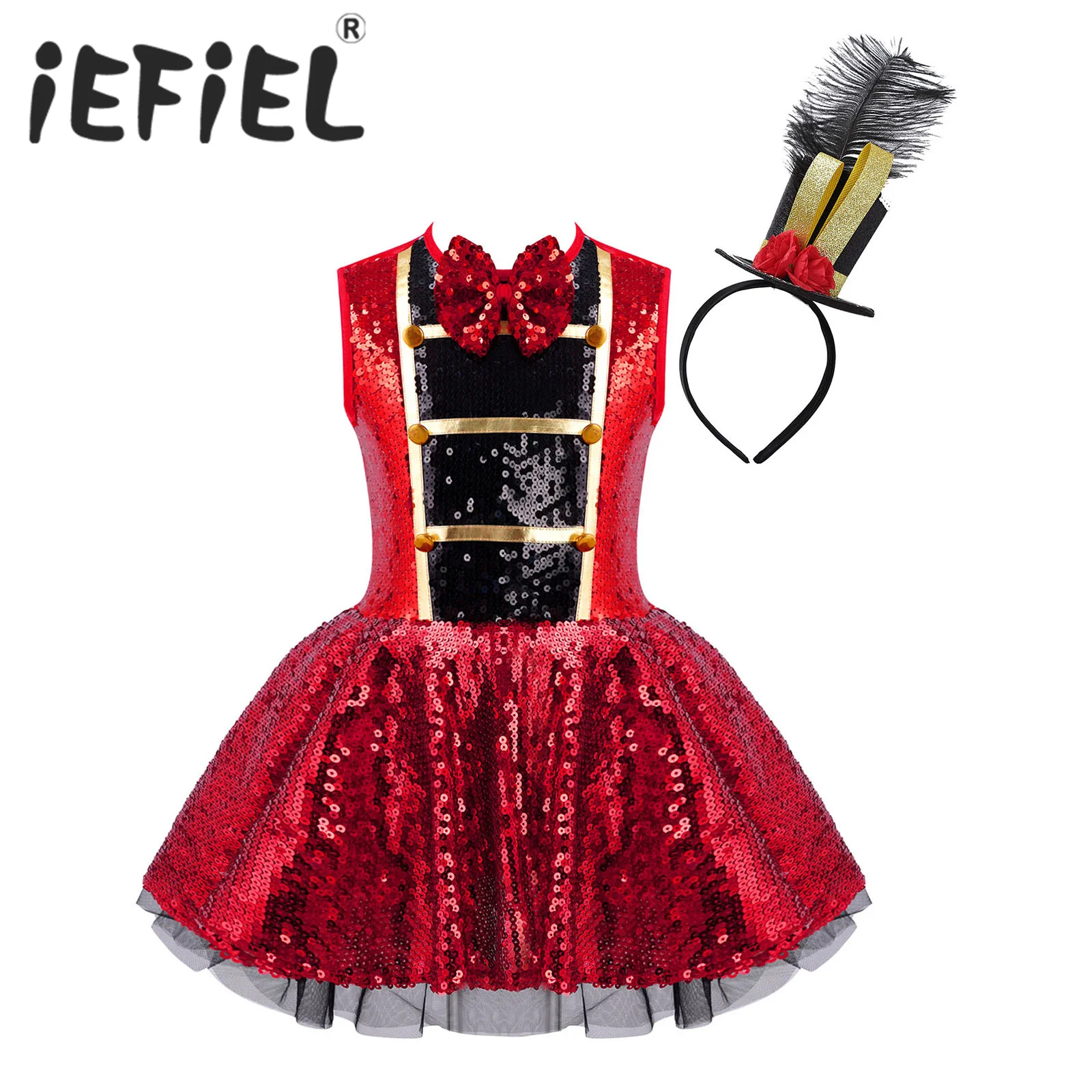 Cosplay Costume 4-16 Years Girls Circus Ringmaster Shiny Sequins Leotard Dress with Feather Hat For Halloween Carnival Party