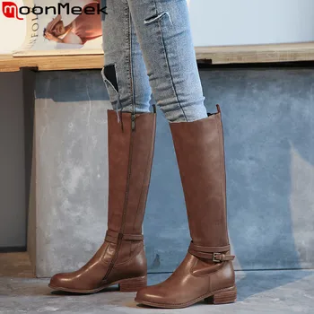 

MoonMeek big size 34-43 fashion knee high boots women round toe zip genuine leather boots med heels autumn winter boots womens
