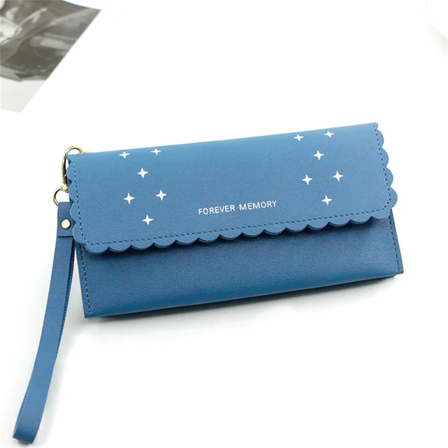 Big Capacity Thin Strap Envelop Design Carteira Gifts Star Pattern Metal Accessories Long Wallet for Woman Shopping Pocket Bag Blue