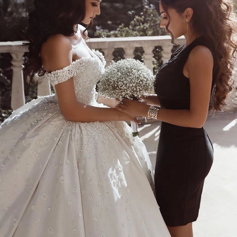 ball gown wedding dresses off the shoulder hand made flowers 3d flowers lace flowers bridal dresses puffy vestidos de noiva