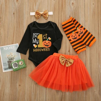 

Newborn Baby Clothes Halloween Costume Boy Girl Outfit Pumpkin Tutu Dress Bodysuit Jumpsuit Headband Toddler 4Pcs Clothing Set