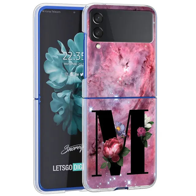 Letter A B Flowers Pink Case For Samsung Galaxy Z Flip 3 5G Transparent Hard Cell Phone Cover ZFlip3 Clear PC Luxury Fundas H13
