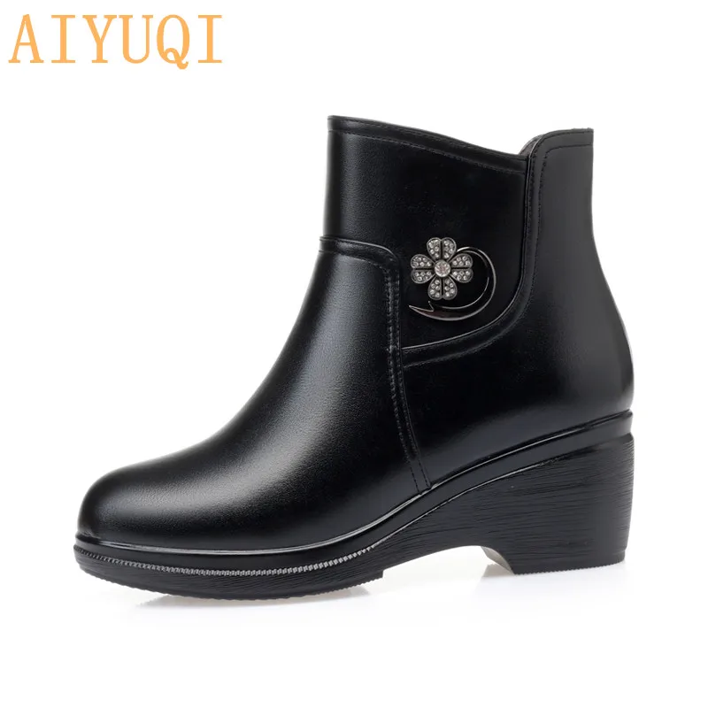 AIYUQI Winter Boots Women Genuine Leather Big Size Mother Wedge Boot Black Platform Boots Thick Wool Ankle Boots
