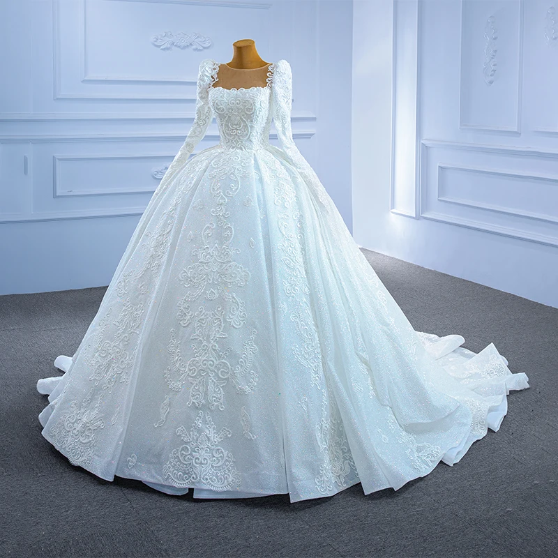 RSM67258 White Shiny Flowers Print Wedding Dress Women Wedding Long Sleeve Lace Wedding Frill Tutu Dress свадебное платье 4