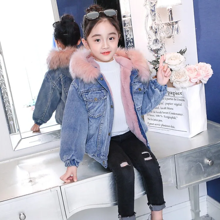 pink Girls Witner Denim Jackets Children Hooded Fur Collar Denim Coats Kids Thick Plus Velve Warm Parkas Coats Size 3t-14t - Цвет: pink