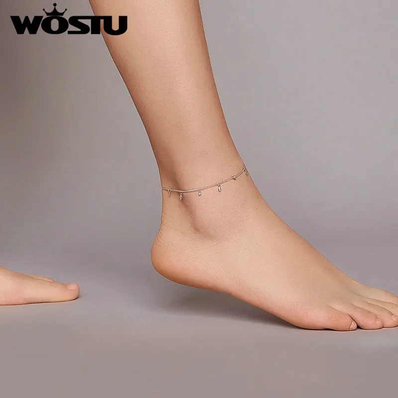 WOSTU Genuine 925 Sterling Silver Simple Dangle Chain Anklet for Women Hot Summer Lobster Clasp Anklet Jewelry Gift CQT018 WOSTU Genuine 925 Sterling Silver Simple Dangle Chain Anklet for Women Hot Summer Lobster Clasp Anklet Jewelry Gift CQT018