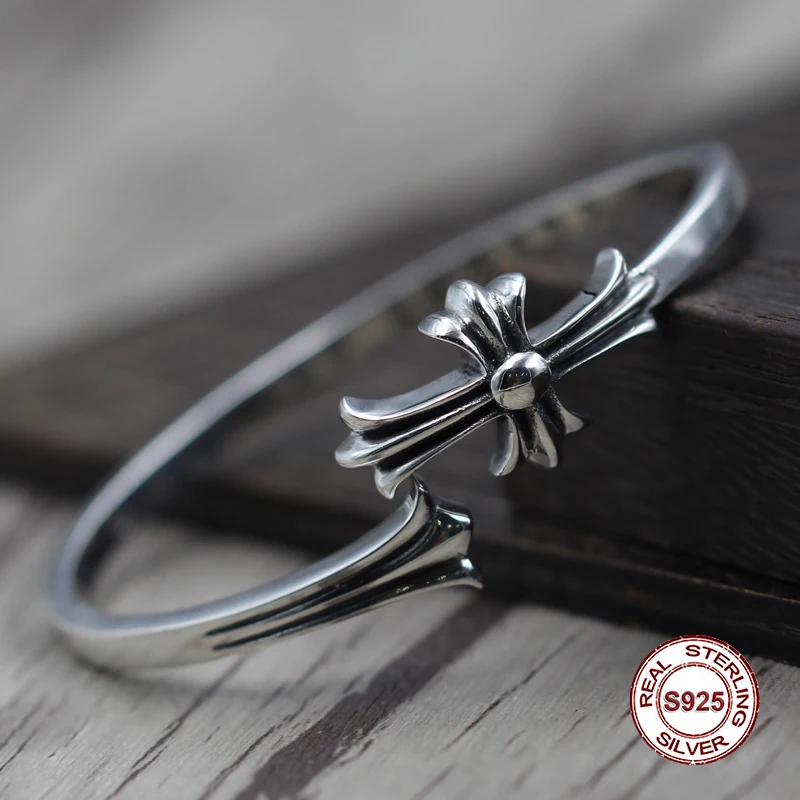 

S925 Men's bracelet in Sterling Silver Personality retro hip hop cross Classic simple punk style Send a gift to love