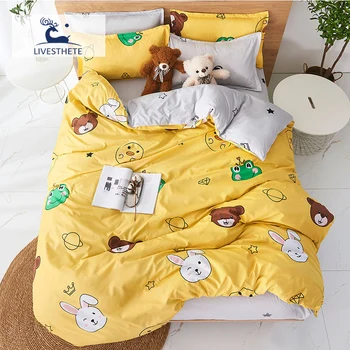 

Liv-Esthete Cartoon Bear Child Bedding Set Duvet Cover Flat Sheet Pillowcase Yellow Bedspread Bed Cover Bedclothes Home Decor k