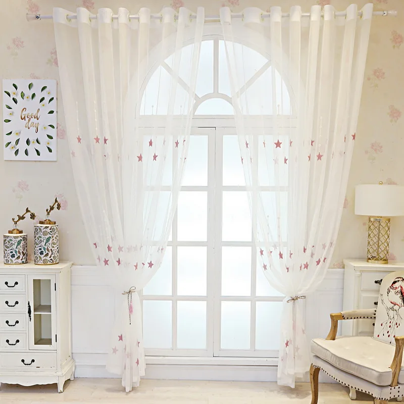 Embroidered Star Curtains for Living Room Bedroom Summer Pink Sheer Kid Boys Room Window Drapes for Party Decor Kitchen Home