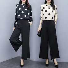 Spring Fall Polka Dot Printed 2 Two Piece Sets Women Long Sleeve Blouse Tops And Wide Leg Pants Suits Office Ladies Elegant Sets