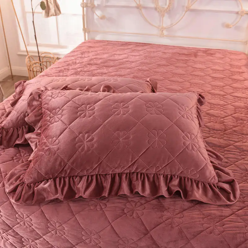 new Warming and Thickening Crystal Velvet Bedspread Fitted Sheet Pillowcases 2/3pcs Pure color Quilting Bedding