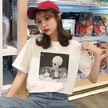 

Showtly Kawaii Horro Skull Cute Cat Sleeping Femal Tshirt Cartoon Top Tees Casual T Shirt Women Harajuku Short Sleeve