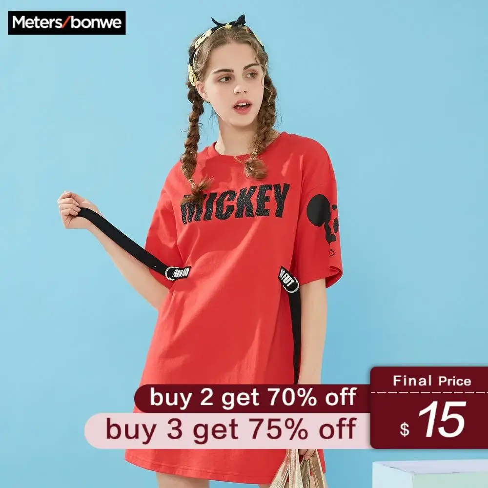 

Metersbonwe Mickey joint dress Women's T-shirt Cotton Dresses 2019 Fashion Street Print cute cartoon Dresses For Girls Fashion