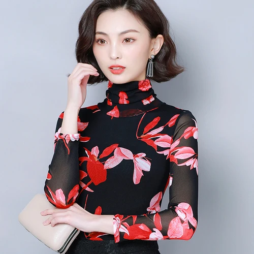 

2019 Autumn Korean Version New Fashion Style High Collar Printing Lace Women Blouse Elegant Temperament Female Bottoming Shirts