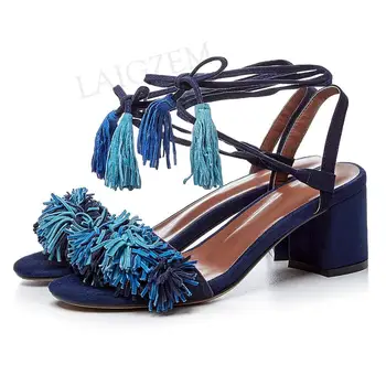 

LAIGZEM Sweet Summer Women Sandals Real Suede Tassel Chunky Heels Ladies Sandals Basic Shoes Woman Fringe Sapato Size 33 40