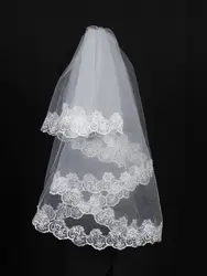 Одноярусная простая Женская белая круглая свадебная вуаль с кружевной аппликацией