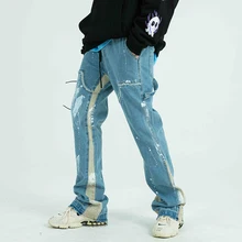 Pantalones vaqueros de estilo Hip Hop para hombre, ropa de calle con cordón, holgados, informales, con cinta lateral deshilachada, estilo Harajuku
