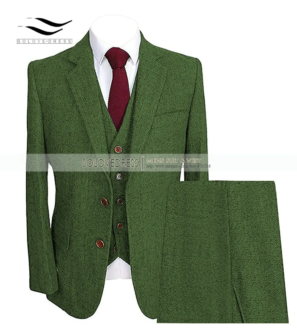 Kivágás Tömített herringbone men's suits Termelőüzem Gyapjú Skót gyapjúszövet 3 pièces Alaki Hajtóka tuxedos Blézer Csekély illeszkedő téli esküvői Bekötöz