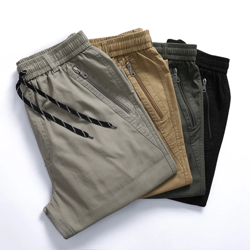 Casual Pants Men Four Seasons 95% Cotton Trousers Multi Pockets Loose Straight Jogging Pants Middle Aged M-6XL