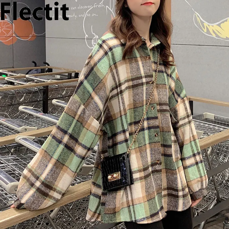 

Flectit Women Flannel Plaid Jacket Laple Collar Single Breasted Mid Length Coat Fall Winter Overcoat *