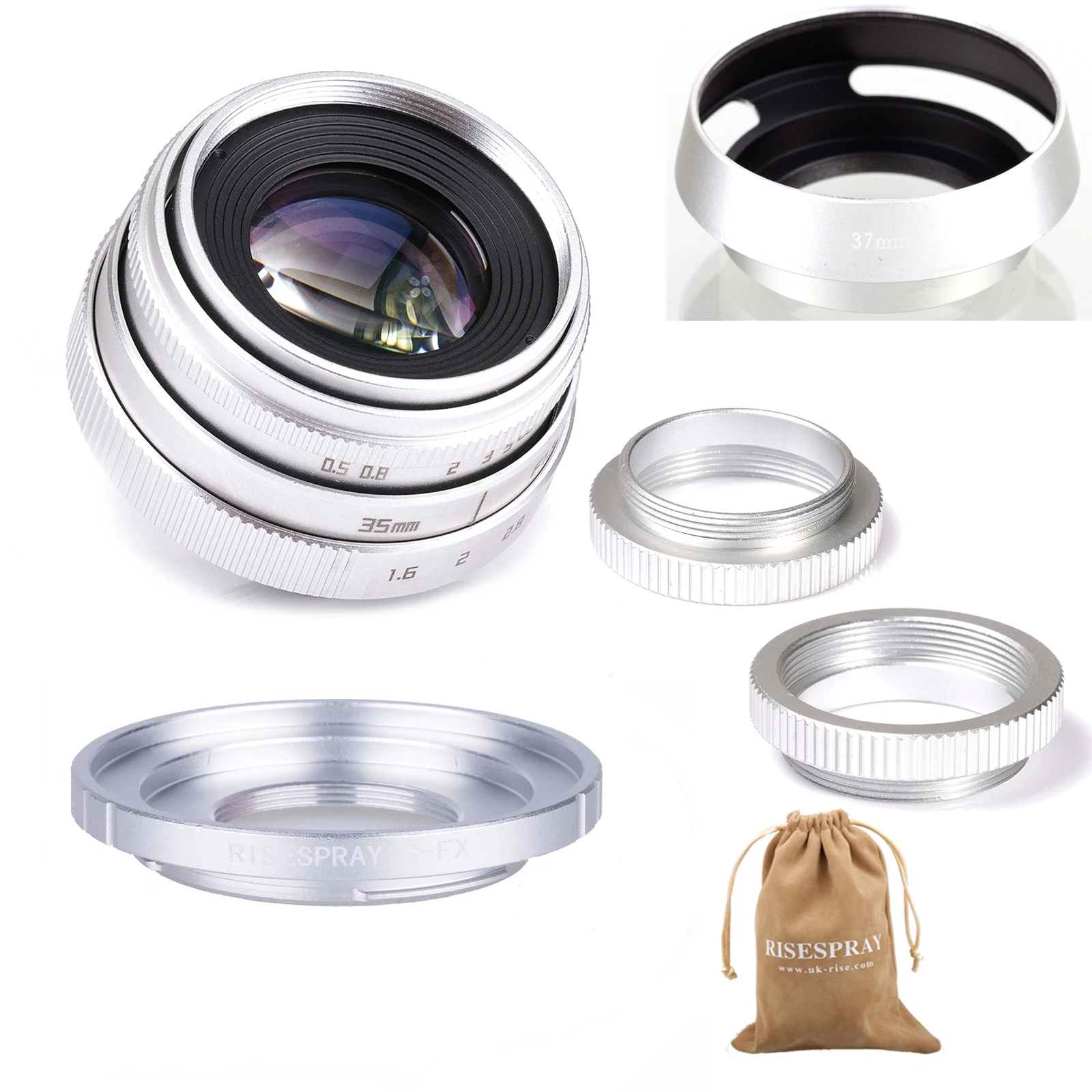 Argento Mini 35 Millimetri F/1.6 Aps-C Cctv Lens + Anello Adattatore + 2 Macro Ring + Lens Hood Per Fujifilm X Mount Mirroless Macchina Fotografica Xt