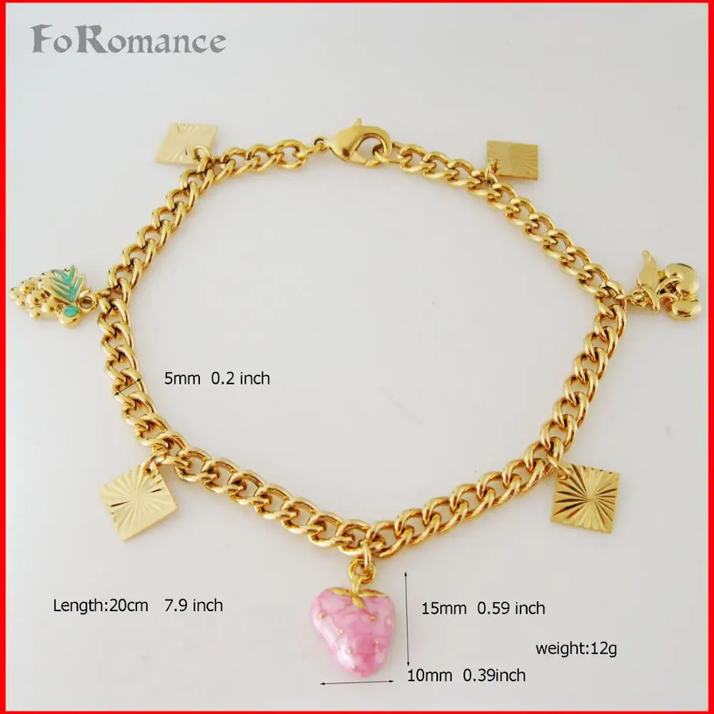 FOROMANCE/7," Леди-желтое золото GP накладка Розовая эмаль клубника яблоки виноград квадратные части Амулеты Браслет с подвесками
