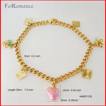 FOROMANCE/7," Леди-желтое золото GP накладка Розовая эмаль клубника яблоки виноград квадратные части Амулеты Браслет с подвесками