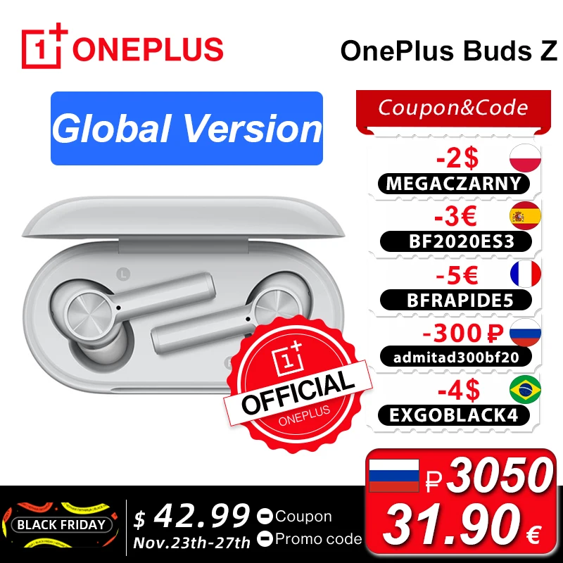  OnePlus Buds Z Глобальная версия Беспроводные наушники TWS Bluetooth 5.0 IP55 Водонепроницаемые Быстрая зарядка для OnePlus 8T Nord 8 pro N10; code LUCKY150(P2000 150); healthma…