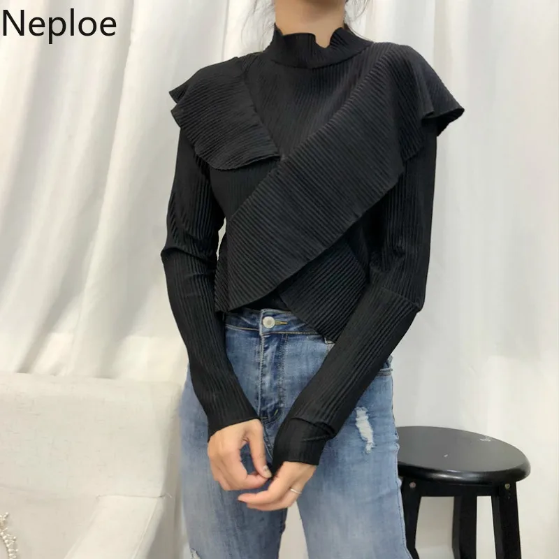 Neploe/Корейская Асимметричная футболка с рюшами для женщин, с заплатками, невысокая горловина, облегающая Нижняя футболка, Sloid Wild, Осенний студенческий вязаный Топ 46218
